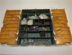 Large tackle box and contents including fishing worm lures and various fishing lures of similar