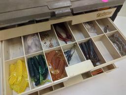 Tackle Box and contents including fishing worm lures and other various fishing lures. Comes as is