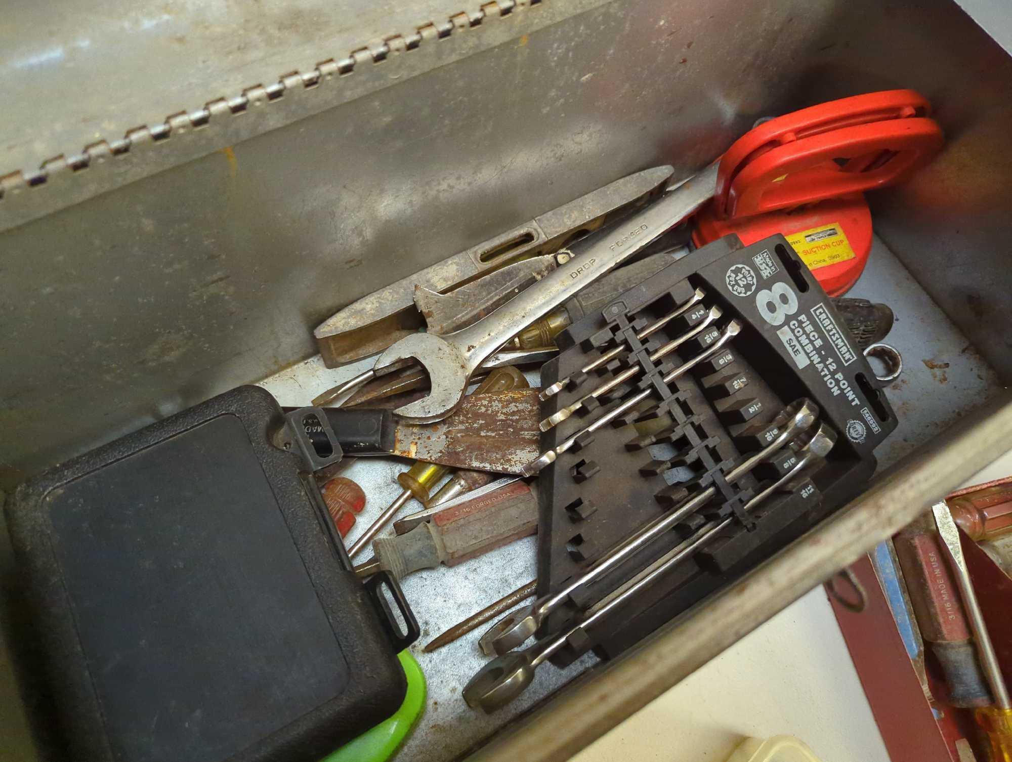 Craftsman Black metal toolbox and contents including various tools as pictured. Comes as is shown.