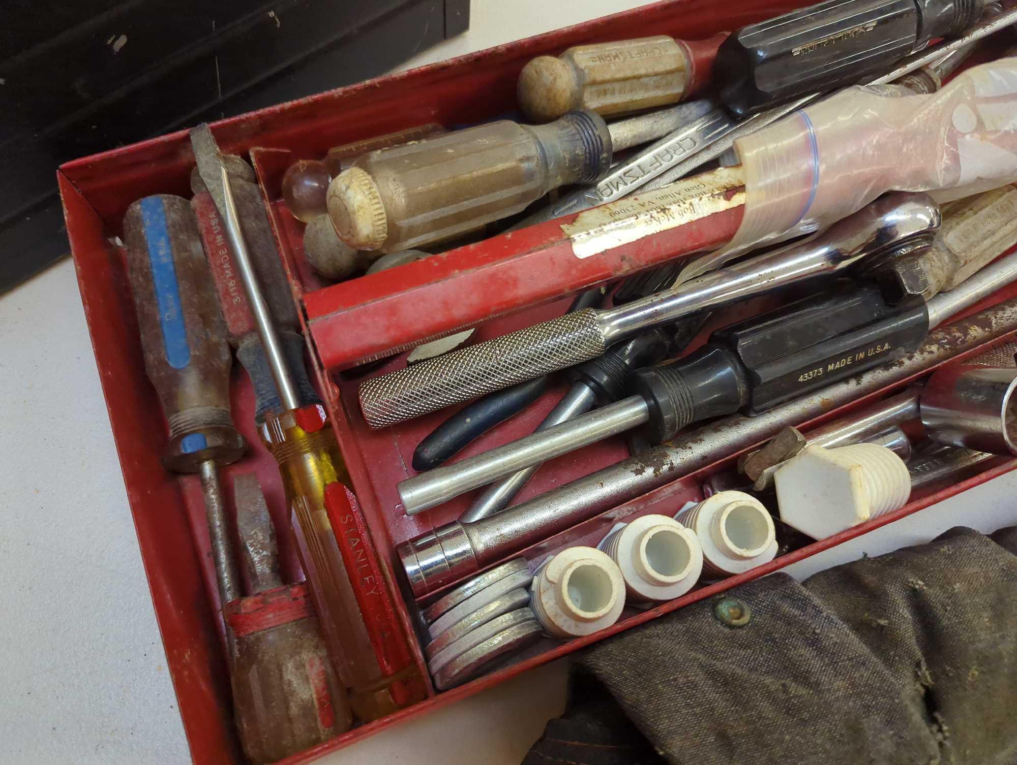 Craftsman Black metal toolbox and contents including various tools as pictured. Comes as is shown.