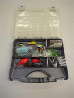 Tackle Box and contents including various fishing lures and other fishing accessories. Comes as is