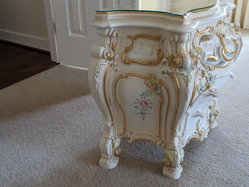 SILIK MINERVA FLORAL DETAILED TWO DRAWER NIGHTSTAND WITH GLASS TOP.