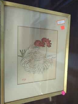 Framed Print of "Japanese Woodblock Rooster" Unknown Artist, Approximate Dimensions - 16" x 12",