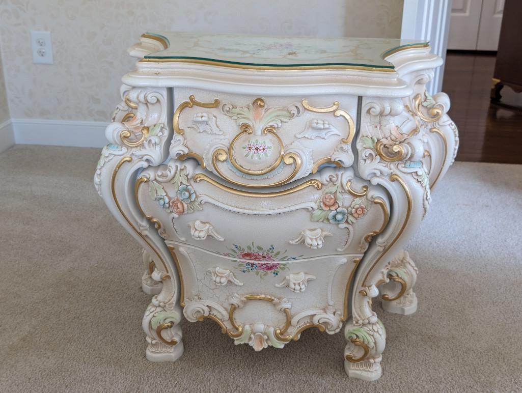 SILIK MINERVA FLORAL DETAILED TWO DRAWER NIGHTSTAND WITH GLASS TOP.
