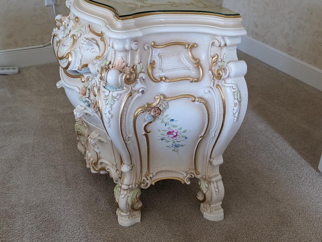 SILIK MINERVA FLORAL DETAILED TWO DRAWER NIGHTSTAND WITH GLASS TOP.