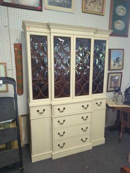 VINTAGE WHITE PAINTED MAHOGANY CHINA CABINET, FOUR GLASS DOORS OVER SIX DRAWERS AND TWO WOOD