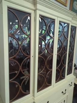 VINTAGE WHITE PAINTED MAHOGANY CHINA CABINET, FOUR GLASS DOORS OVER SIX DRAWERS AND TWO WOOD