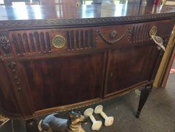 ANTIQUE FRENCH MAHOGANY DEMILUNE SERVER, BRASS BACK TOWEL BAR, IN GREAT CONDITION FOR THE ITEMS AGE,