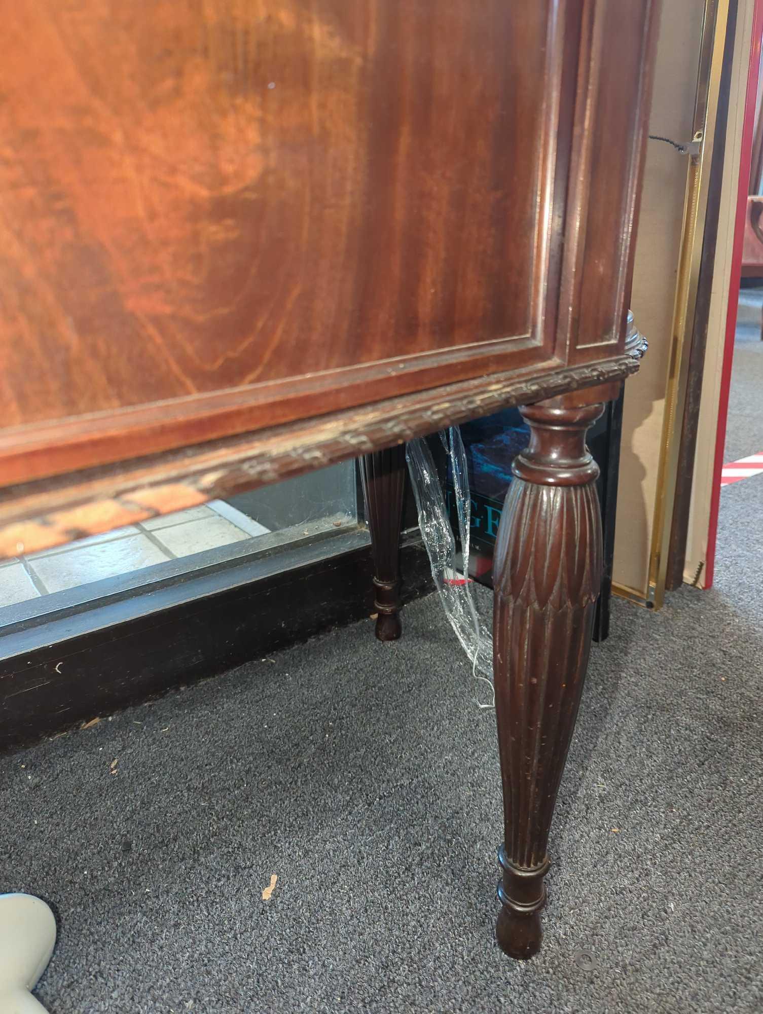 ANTIQUE FRENCH MAHOGANY DEMILUNE SERVER, BRASS BACK TOWEL BAR, IN GREAT CONDITION FOR THE ITEMS AGE,