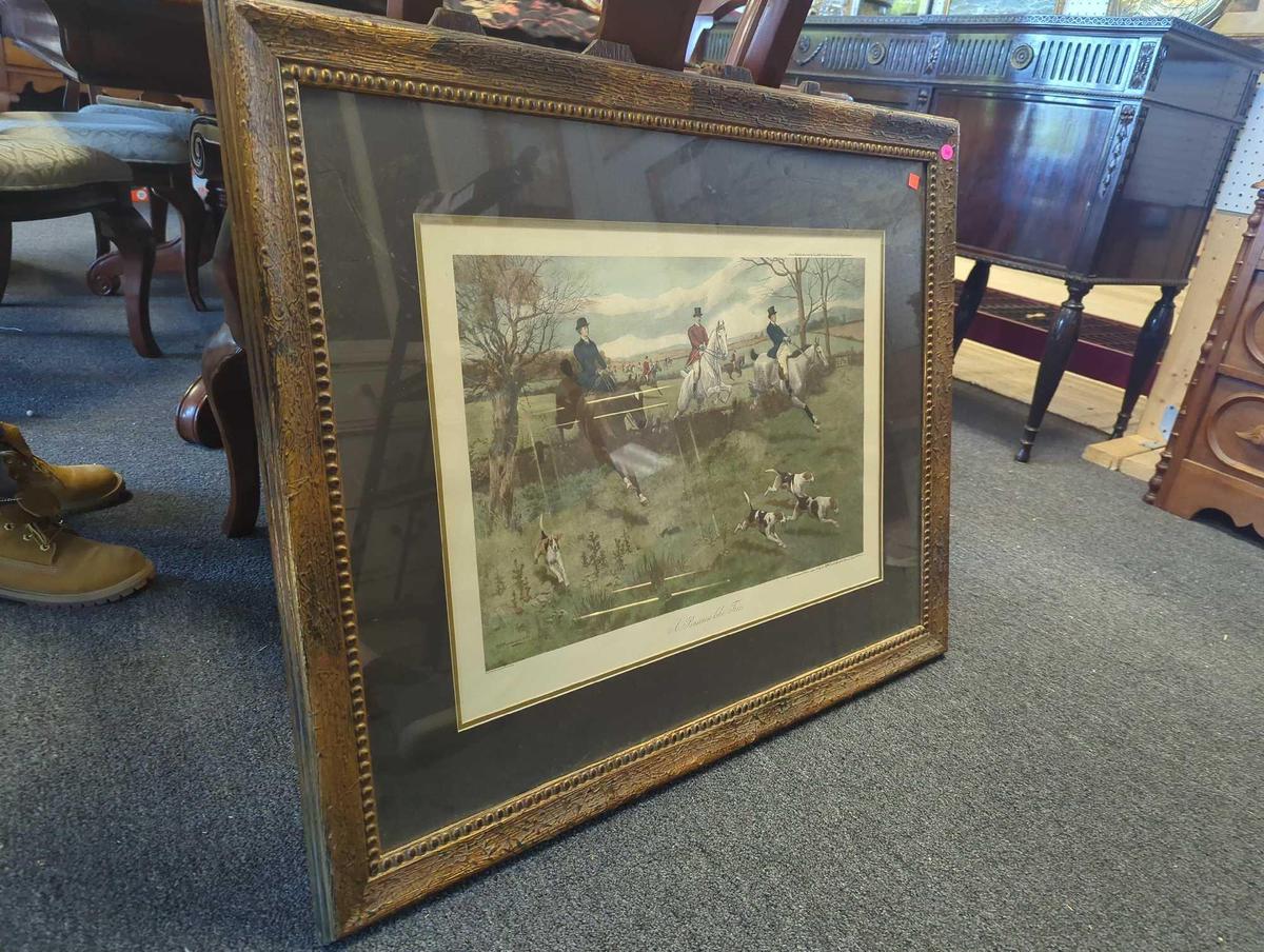 FRAMED AND DOUBLE MATTED HUNTSCENE PRINT, BY GD ROWLANDSON, "A BUSINESS LIKE TRIO" 37 3/8"X30", HAS