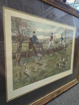 FRAMED AND DOUBLE MATTED HUNTSCENE PRINT, BY GD ROWLANDSON, "A BUSINESS LIKE TRIO" 37 3/8"X30", HAS