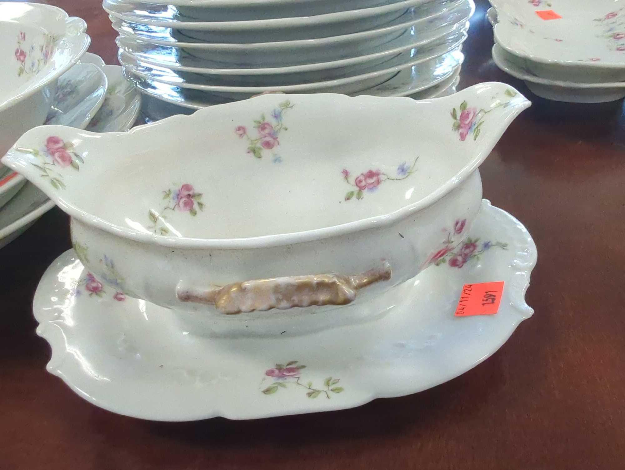 57 Piece of Haviland Limoges Schleiger Antique Dinner Service With Pink Flowers, Some of the Ware