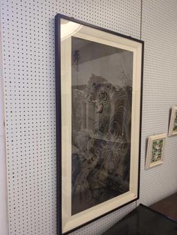 EARLY 19TH CENTURY CHINESE TIGER LITHOGRAPH, DISPLAYED IN FRAME. SIGNED WITH CHINESE SYMBOLS.