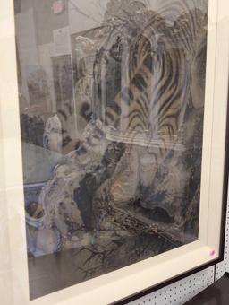 EARLY 19TH CENTURY CHINESE TIGER LITHOGRAPH, DISPLAYED IN FRAME. SIGNED WITH CHINESE SYMBOLS.