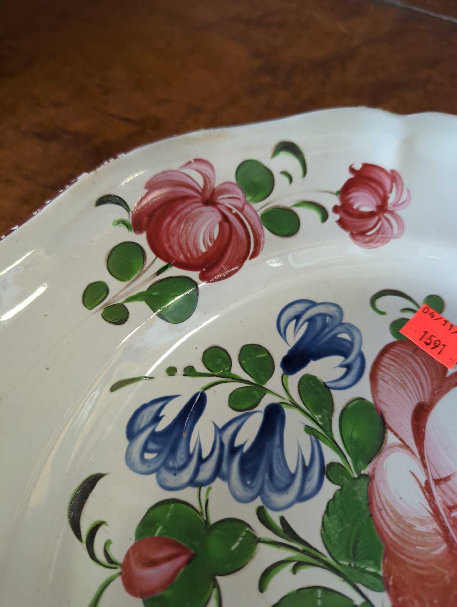 Antique French Faience Plate Hand Painted Floral French, Measure Approximately 12 Inches In Diameter
