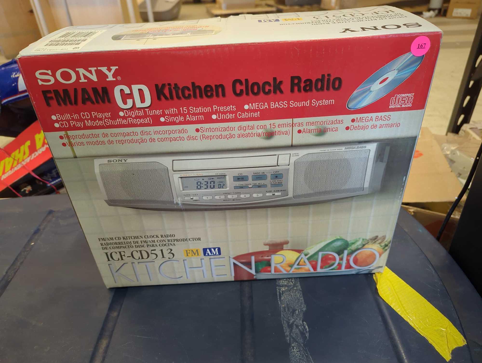 Sony AM FM CD under top cabinet radio Model ICF-CD513, New In The Box Retail Price Value $35, What