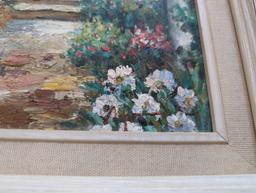 FRAMED IMPRESSIONIST PAINTING ON CANVAS DEPICTING ITALIAN ARCHITECTURE SURROUNDED BY FLOWERS AND