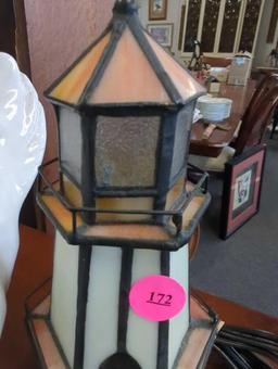 Home Center Tiffany Style Lighthouse Stained Glass Lamp, Measure Approximately 10 Inches Tall, What