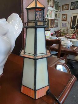 Home Center Tiffany Style Lighthouse Stained Glass Lamp, Measure Approximately 10 Inches Tall, What