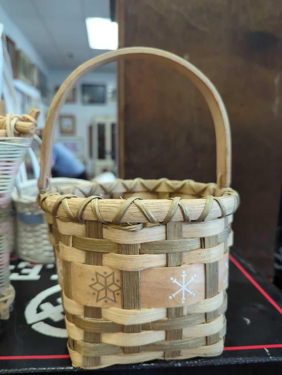 Lot of Assorted Baskets To Include, Double Basket Woven With One Handle Hand Painted White and Blue,