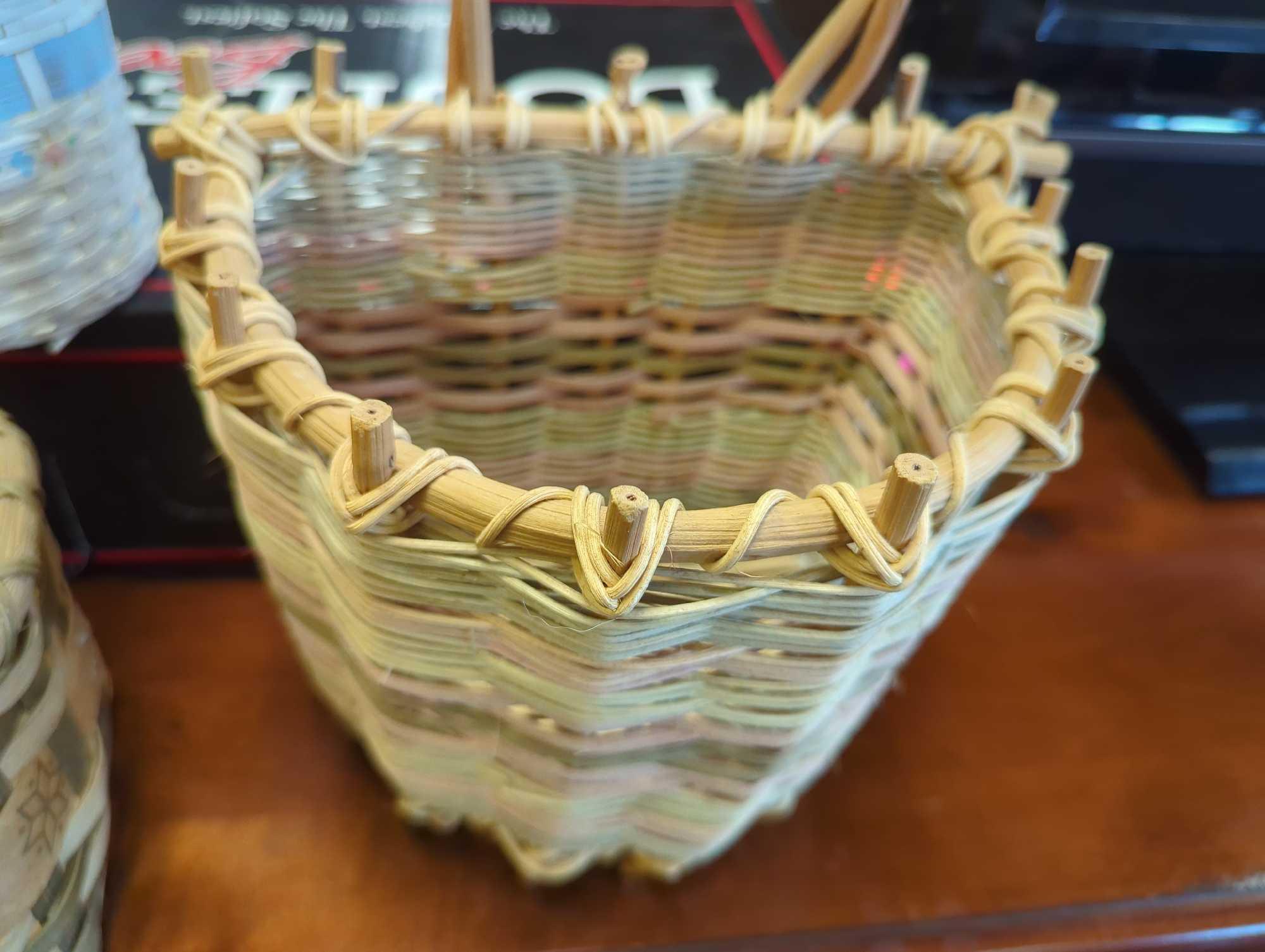 Lot of Assorted Baskets To Include, Double Basket Woven With One Handle Hand Painted White and Blue,