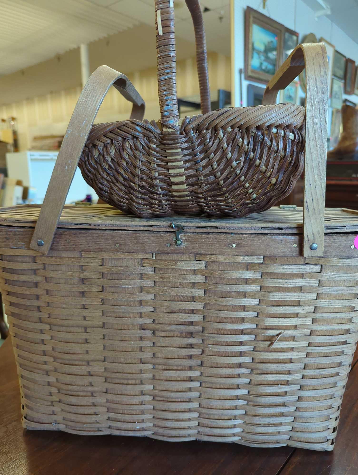 Lot of 2 Baskets to Include, Putney Basketville Picnic Basket, Craft Basket Vermont Measure