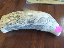 "STEAMER THRASHER" historic Sperm whale tooth scrimshaw reproduction, Measure Approximately 6.5