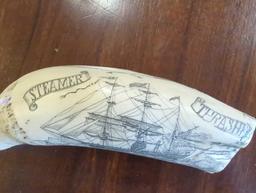 "STEAMER THRASHER" historic Sperm whale tooth scrimshaw reproduction, Measure Approximately 6.5