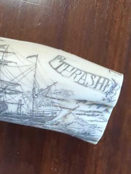 "STEAMER THRASHER" historic Sperm whale tooth scrimshaw reproduction, Measure Approximately 6.5