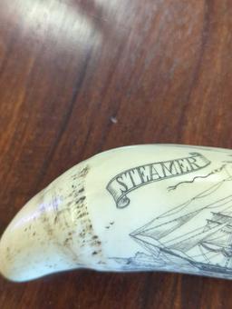 "STEAMER THRASHER" historic Sperm whale tooth scrimshaw reproduction, Measure Approximately 6.5