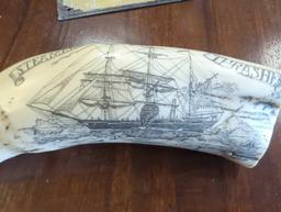 "STEAMER THRASHER" historic Sperm whale tooth scrimshaw reproduction, Measure Approximately 6.5