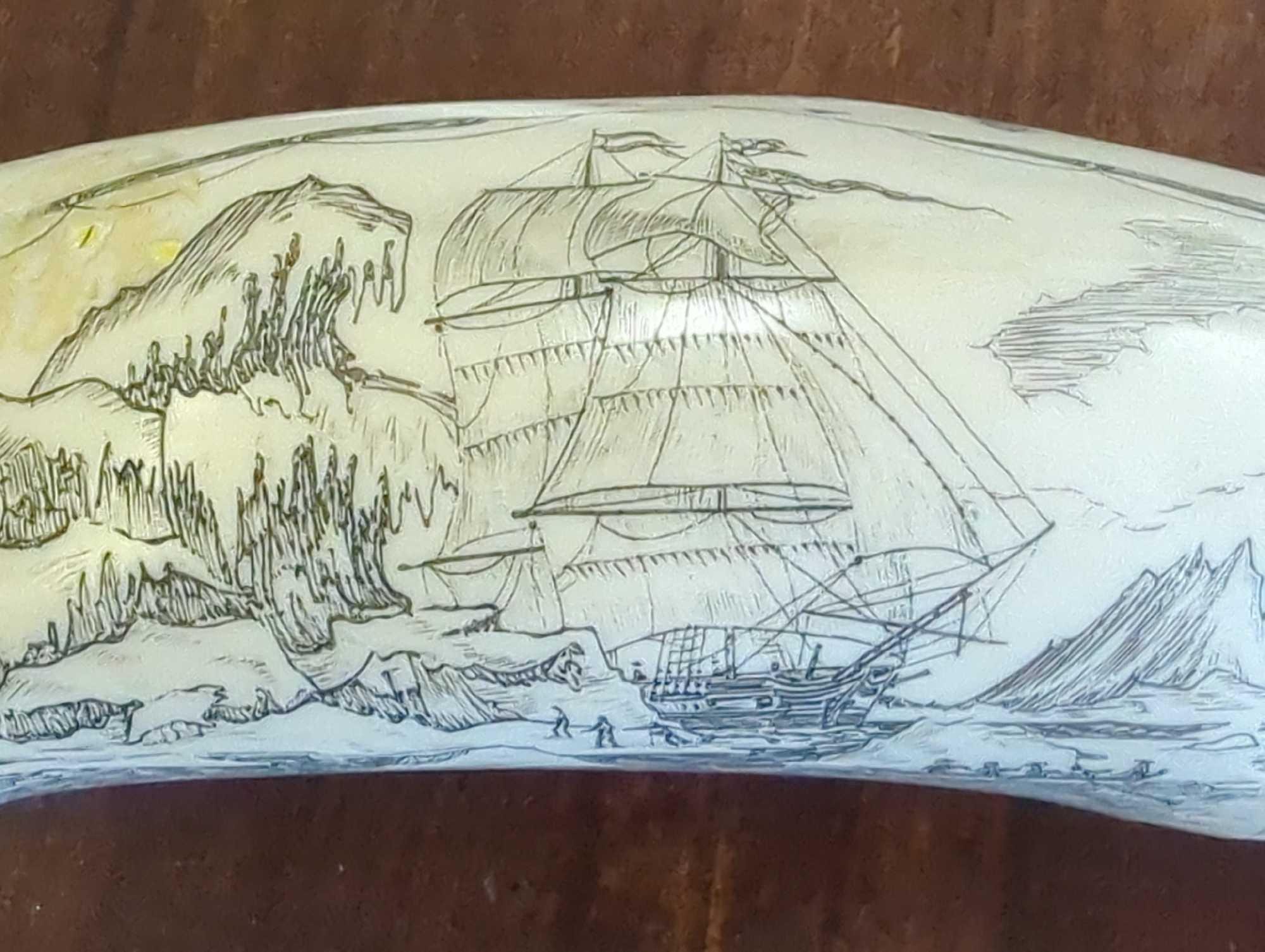 "STEAMER THRASHER" historic Sperm whale tooth scrimshaw reproduction, Measure Approximately 6.5