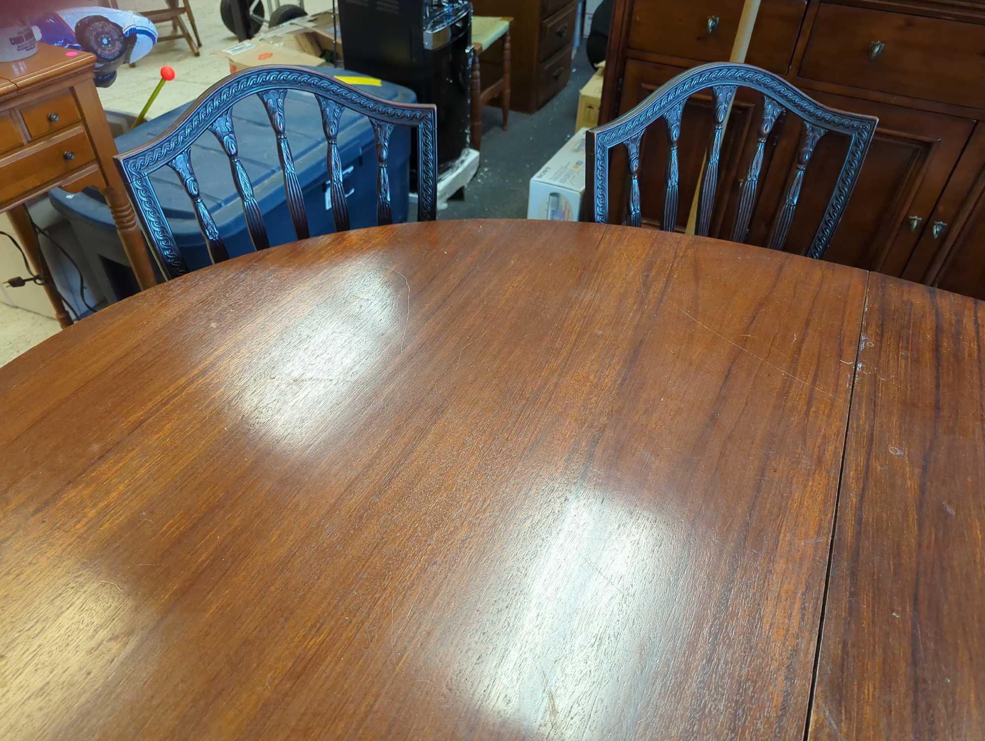 French Style Mahogany Wood Extension Dining Table with 6 Chairs, (Table) Measure Approximately 61 in