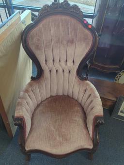 His Vintage Victorian style carved parlor chair, With A Button Tufted Back, Measure Approximately 25