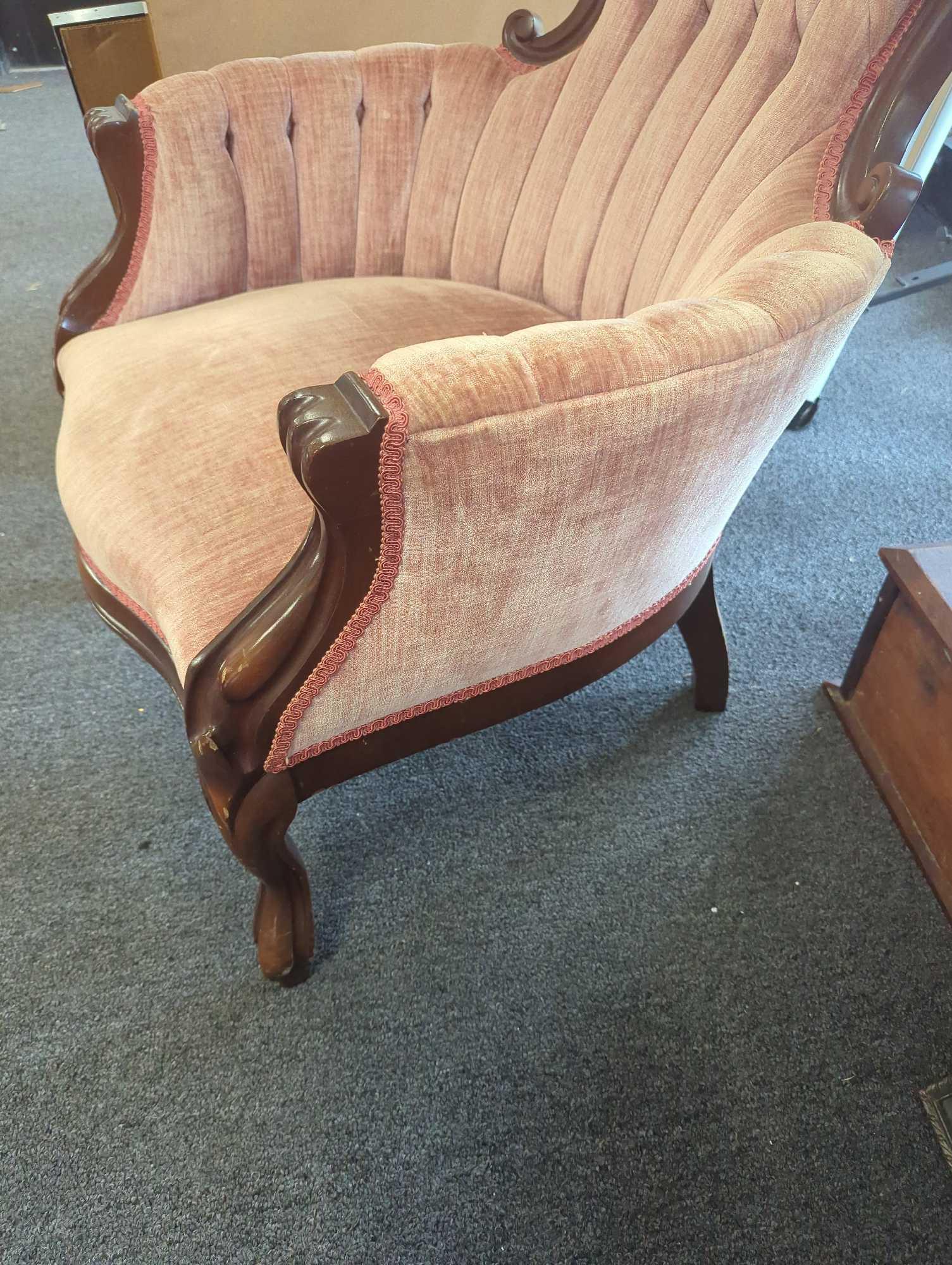 His Vintage Victorian style carved parlor chair, With A Button Tufted Back, Measure Approximately 25
