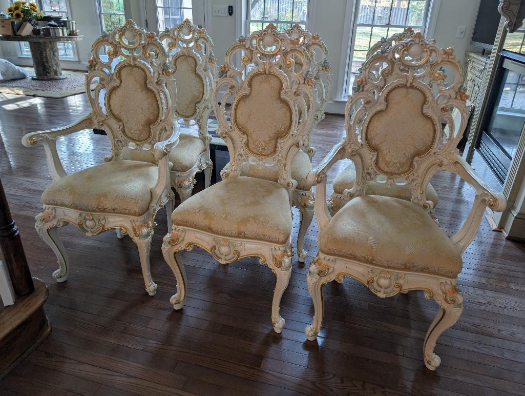 SET OF (6) CARVED SILIK MINERVA DINING CHAIRS. INCLUDES (2) ARM CHAIRS AND (4) ARMLESS CHAIRS. NICE