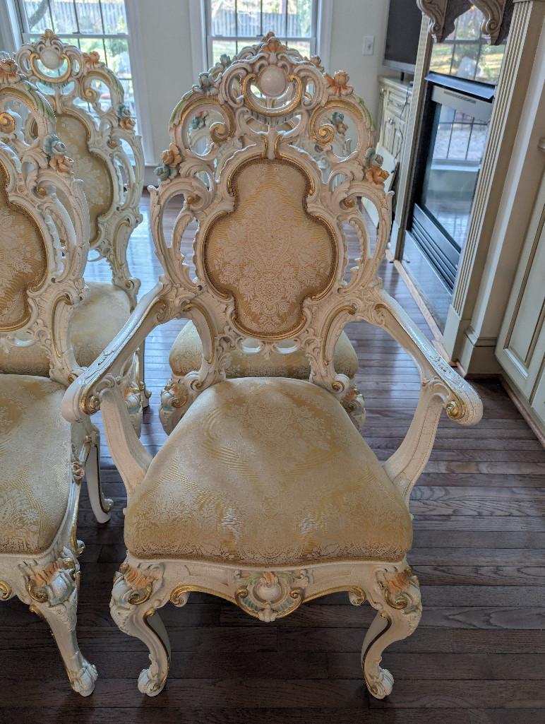 SET OF (6) CARVED SILIK MINERVA DINING CHAIRS. INCLUDES (2) ARM CHAIRS AND (4) ARMLESS CHAIRS. NICE