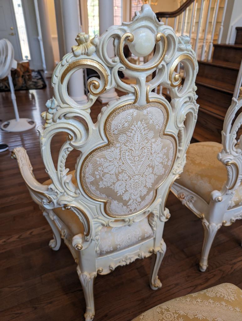 SET OF (6) CARVED SILIK MINERVA DINING CHAIRS. INCLUDES (2) ARM CHAIRS AND (4) ARMLESS CHAIRS. NICE