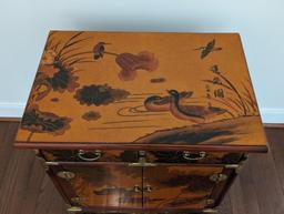 ANTIQUE ORIENTAL CHINOISERIE LACQUERED ELM BUREAU CABINET. FEATURES TWO DRAWERS AT THE TOP AND TWO