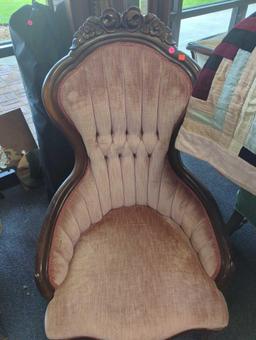 Hers Vintage Victorian style carved parlor chairs, With a Button Tufted Back, Measure Approximately