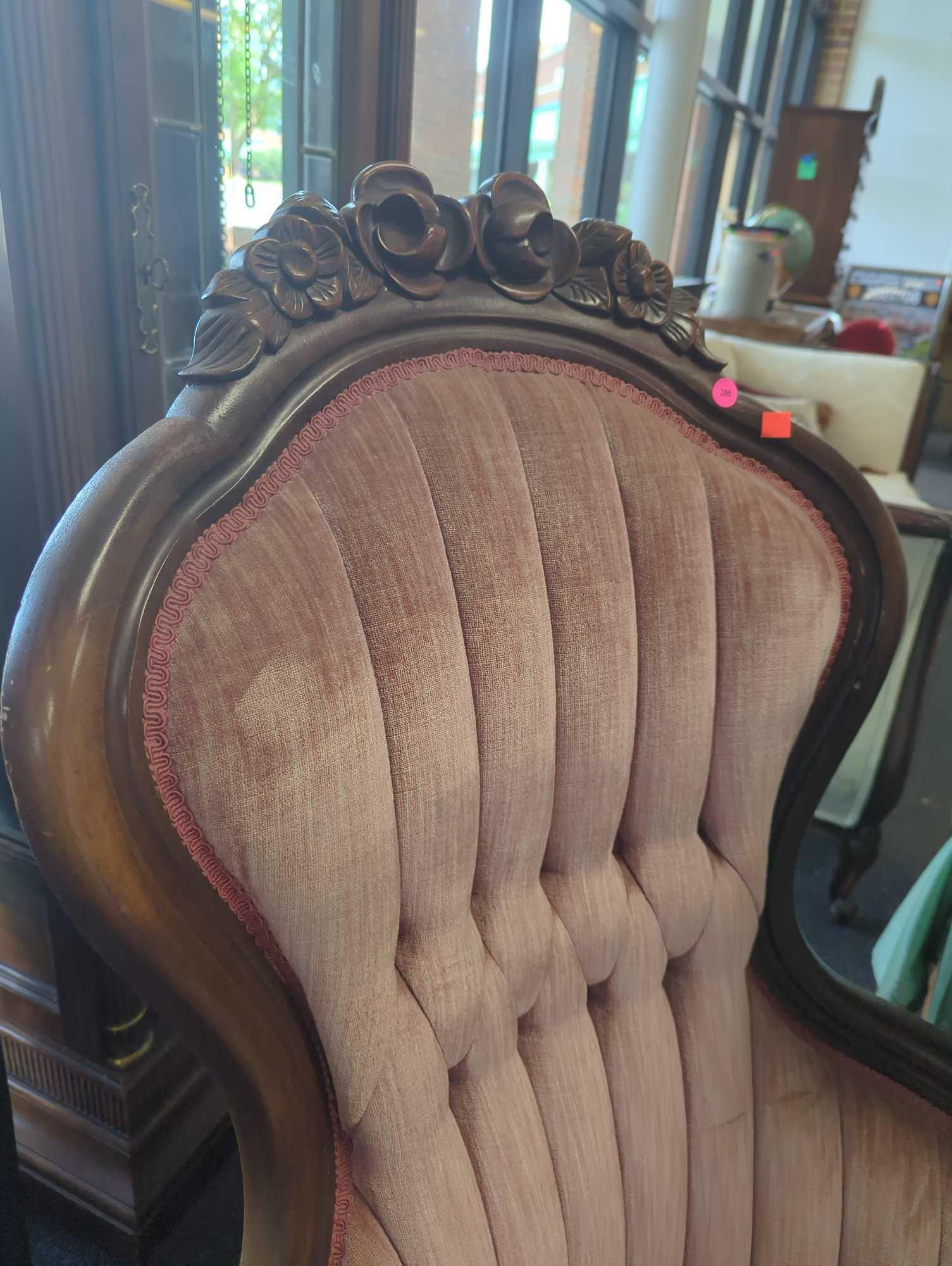 Hers Vintage Victorian style carved parlor chairs, With a Button Tufted Back, Measure Approximately