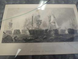 Framed Print Of "The Battle of Trafalgar" By J. Cousen, Engraver, Glass in Frame is Broken Needs to