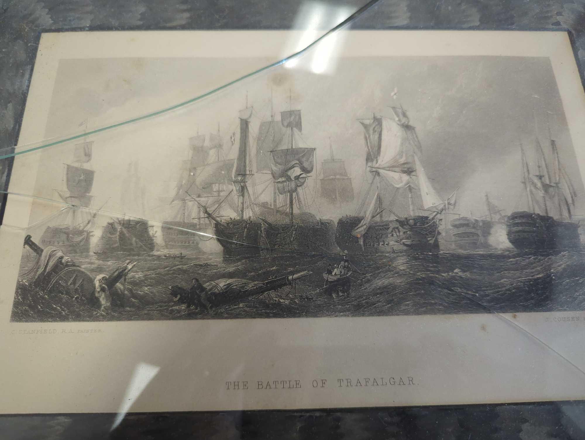 Framed Print Of "The Battle of Trafalgar" By J. Cousen, Engraver, Glass in Frame is Broken Needs to