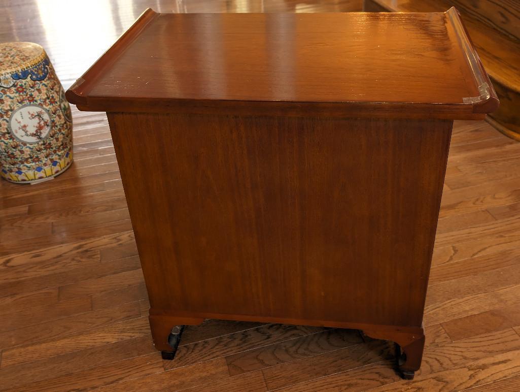 LATE 19TH CENTURY KOREAN BRASS ACCENTED SIDE TABLE/CABINET. FEATURES TWO DRAWERS AT THE TOP AND TWO