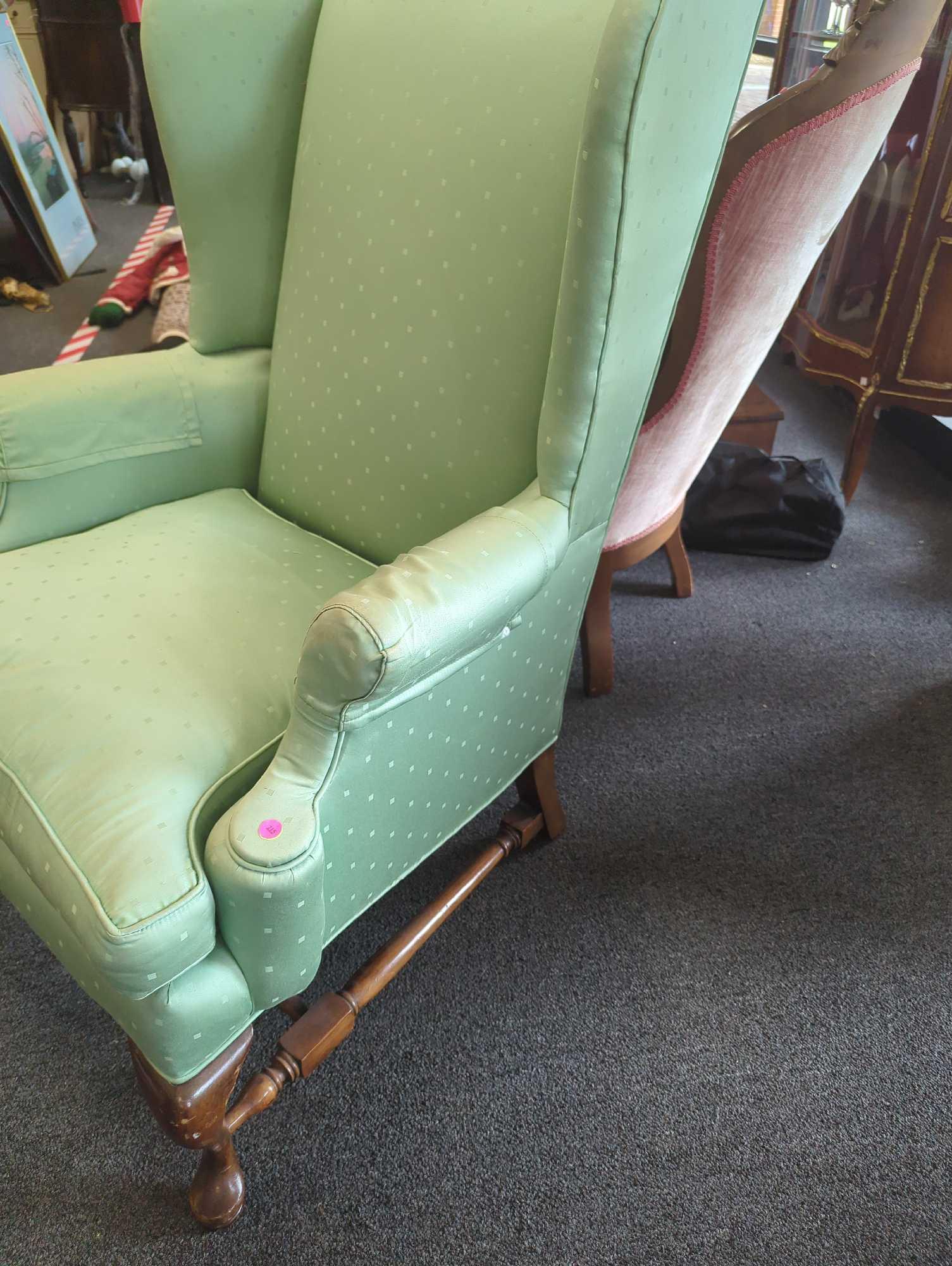 Vintage Queen Anne wingback firesidechair in Green, Back Leg Has Been Repaired Had A Crack In Leg,