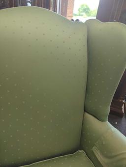 Vintage Queen Anne wingback firesidechair in Green, Back Leg Has Been Repaired Had A Crack In Leg,