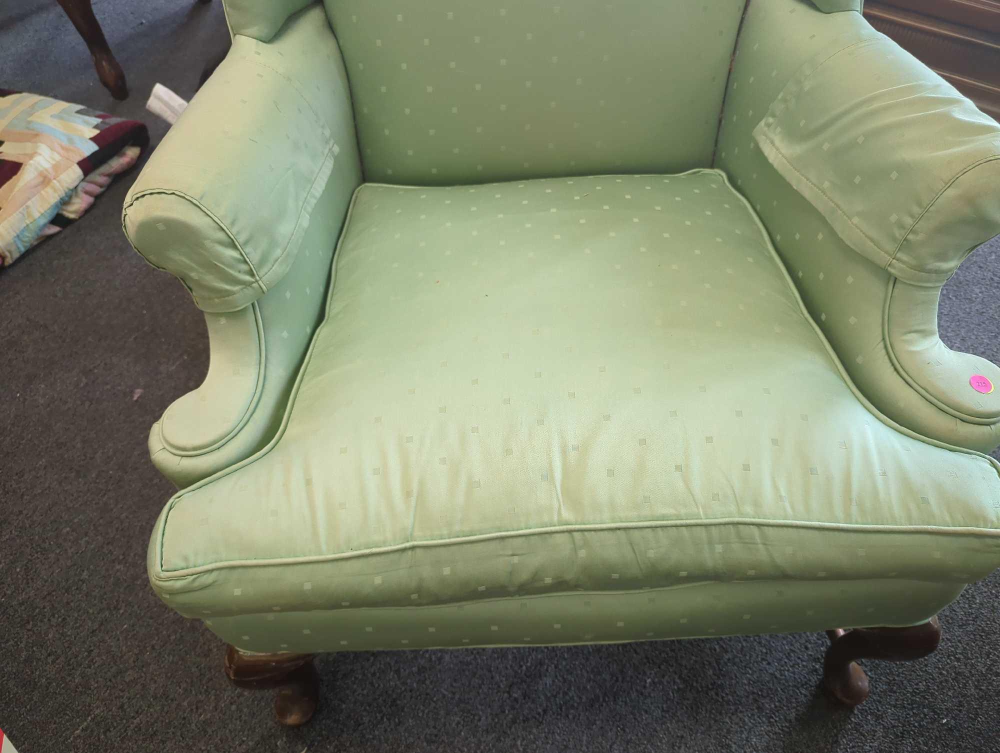 Vintage Queen Anne wingback firesidechair in Green, Back Leg Has Been Repaired Had A Crack In Leg,