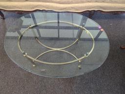 Classic Labarge Brass and Oval Glass Coffee Table, Approximate Dimensions - 16" H x 34" W x 25.25"