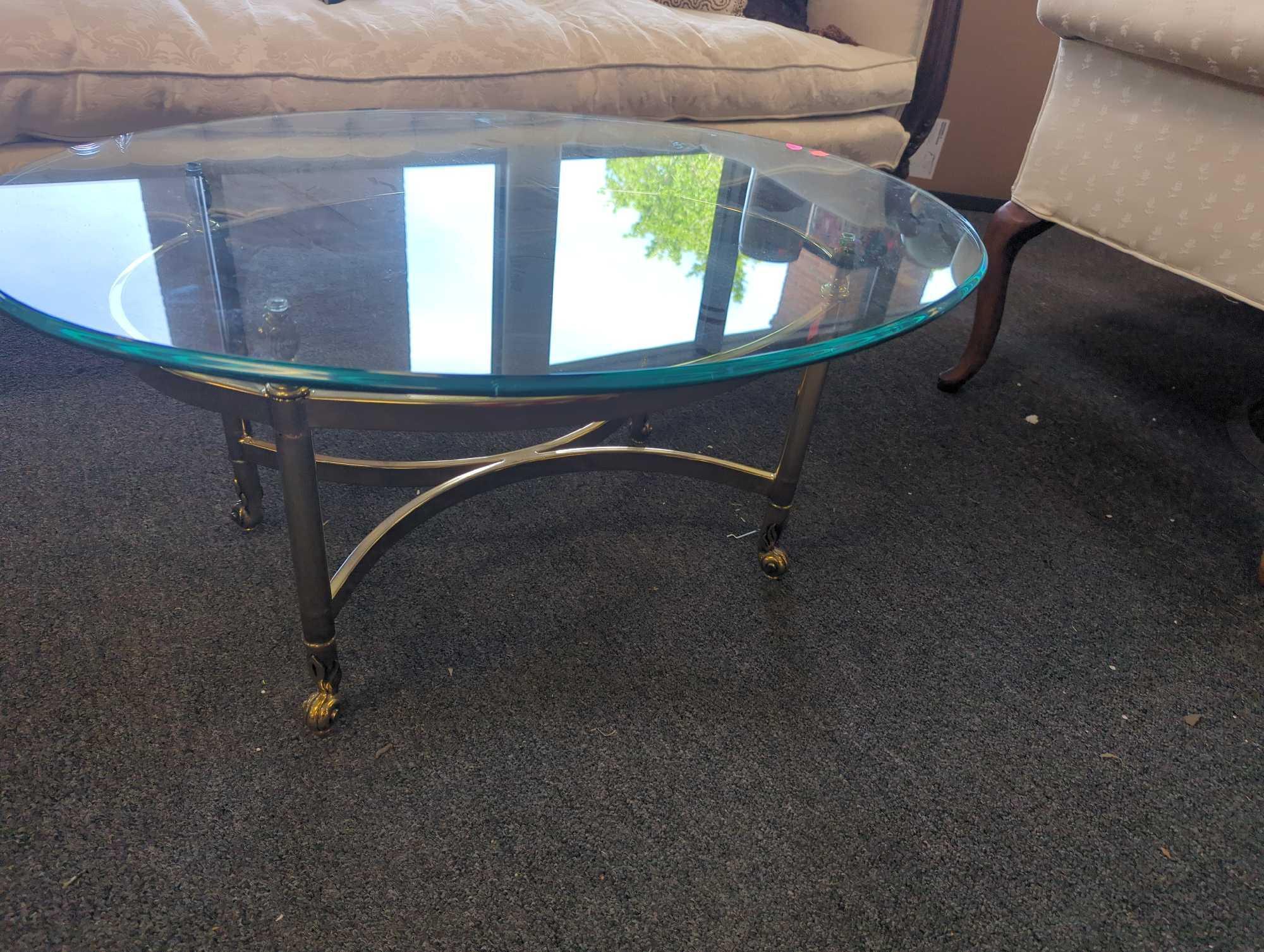 Classic Labarge Brass and Oval Glass Coffee Table, Approximate Dimensions - 16" H x 34" W x 25.25"