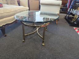 Classic Labarge Brass and Oval Glass Coffee Table, Approximate Dimensions - 16" H x 34" W x 25.25"